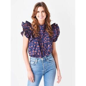 Oliphant Women’s Large Navy Pink Pintuck Ruffle Sleeve Top Blouse